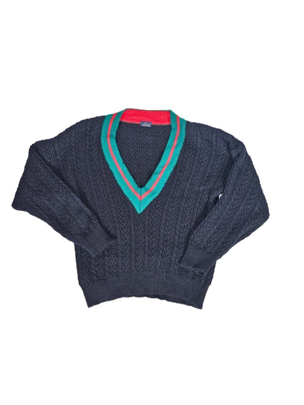 Daniel Hechter Mens V-Neck Knit Sweater Size 44 FR Medium Blue Wool Red Green